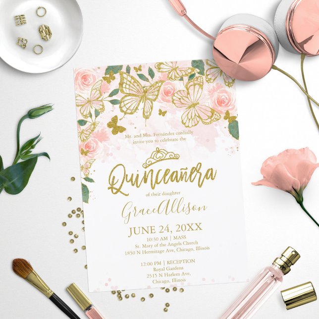 Convite de Borboleta Quinceanera Bilíngue  (Criador carregado)