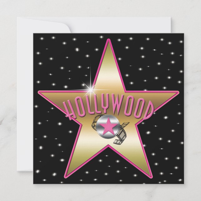 Convite de Brilho de Hollywood Estrela Rosa e Dour (Frente)