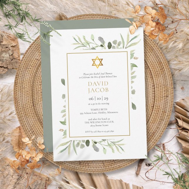 Convite de Brit Milah Nomeação de Bebê Judeu com V (Greenery Brit Milah Jewish Baby Naming Invitation)