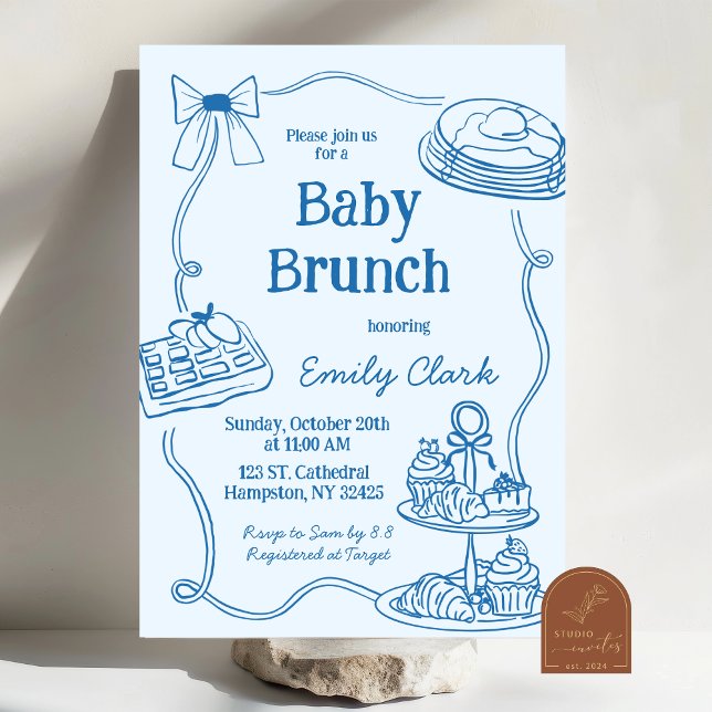 Convite de Brunch Azul para Bebê com Desenhos à Mã (Criador carregado)