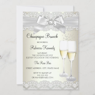Convite de Brunch Champagne com Renda Branca em Ou
