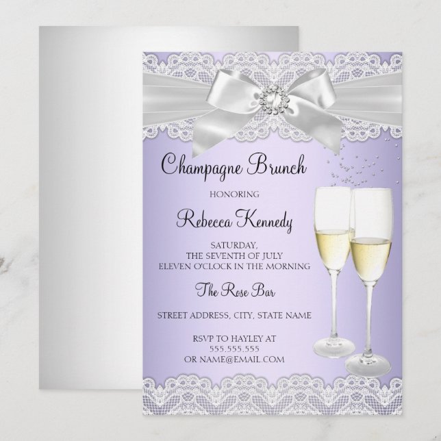 Convite de Brunch Champagne com Renda Branca Roxa  (Frente/Verso)