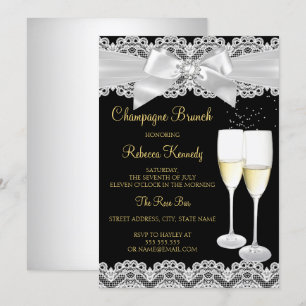 Convite de Brunch Champagne com Renda Preta e Bran