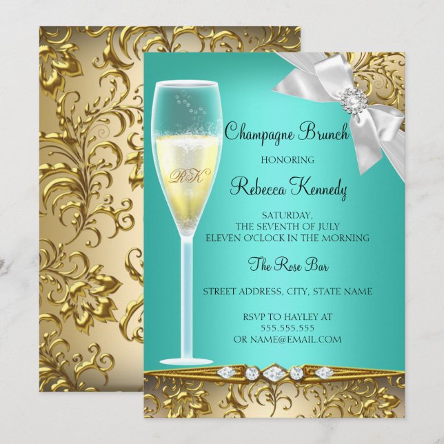 Convite de Brunch Champagne Elegante em Verde Turq (Frente/Verso)