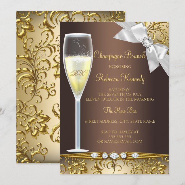 Convite de Brunch Champagne Marrom Dourado Branco  (Frente/Verso)