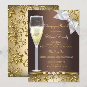 Convite de Brunch Champagne Marrom Dourado Branco