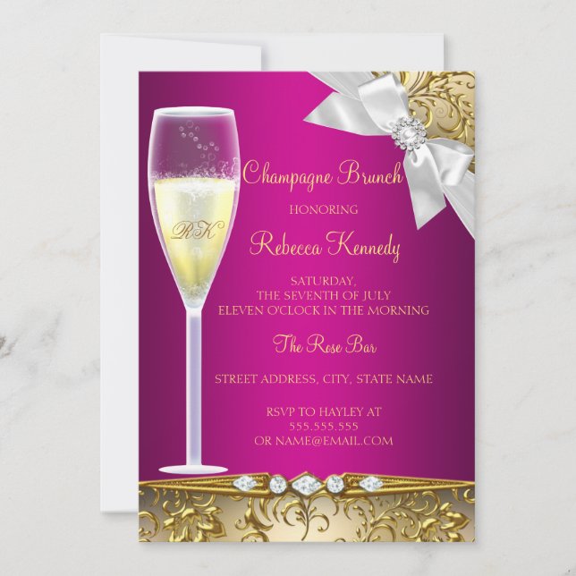 Convite de Brunch Champagne Rosa Elegante Dourado  (Frente)
