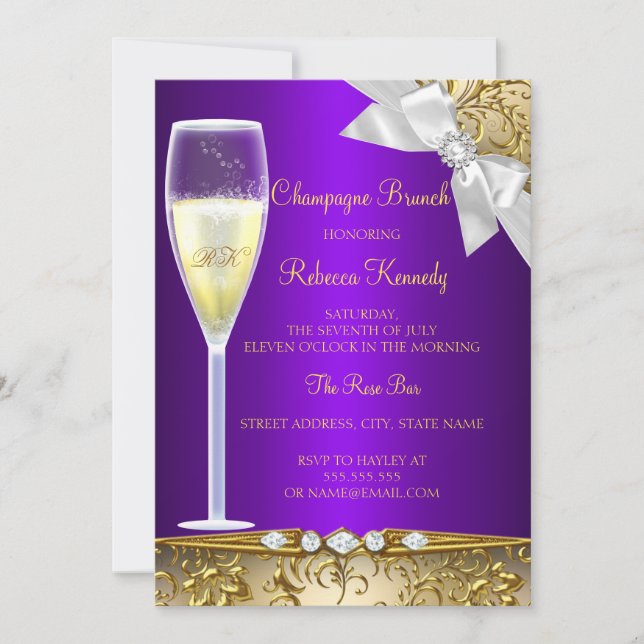 Convite de Brunch Champagne Roxo Dourado Branco El (Frente)