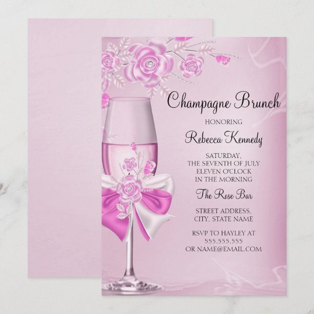Convite de Brunch com Champanhe Rosa Bonito (Frente/Verso)