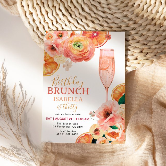 Convite de Brunch de Aniversário de 30 Anos Citrus (Citrus Fruit Pink Champagne 30th Birthday Brunch Invitation)