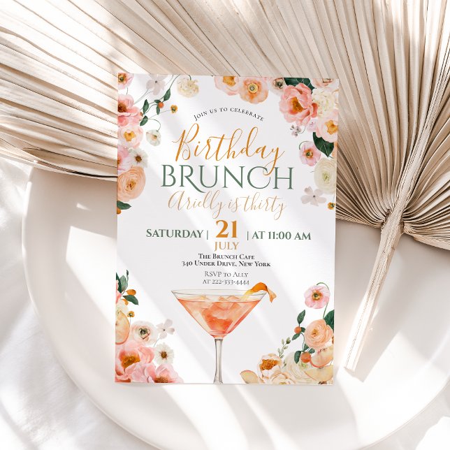 Convite de Brunch de Aniversário de 30 anos com Co (Watercolor Floral Cocktail 30th Birthday Brunch Invitation)