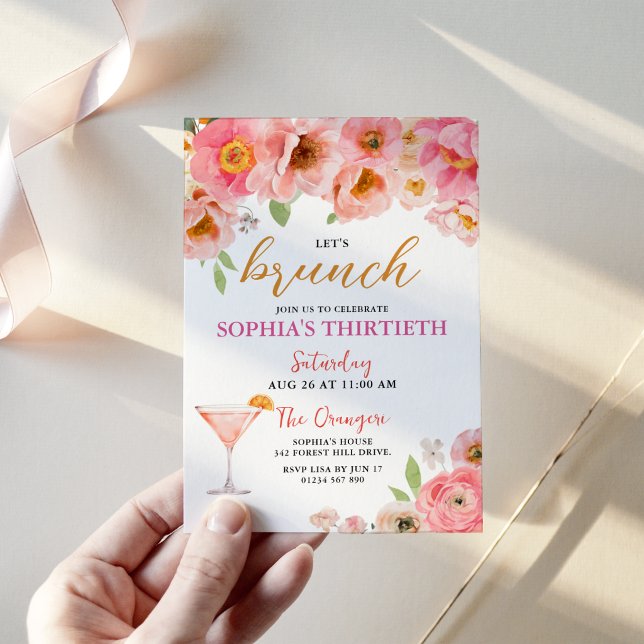 Convite de Brunch de Aniversário de Coquetel Flora (Pink Watercolor Floral Cocktail Birthday Brunch Invitation)