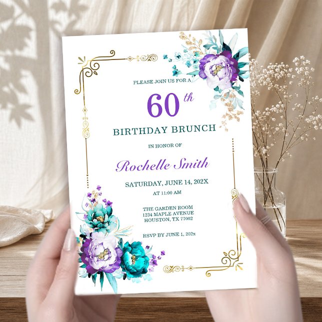 Convite de Brunch de Aniversário em Dourado, Turqu (Criador carregado)