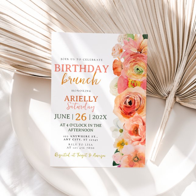Convite de Brunch de Aniversário Floral de Aquarel (Vibrant Coral Watercolor Floral Birthday Brunch Invitation)
