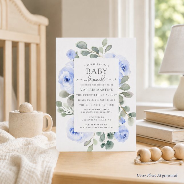 Convite de Brunch de Bebê Blue Floral Eucalyptus (Criador carregado)