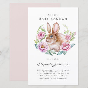 Convite de Brunch de Bebê Coelho e Flores Rosa