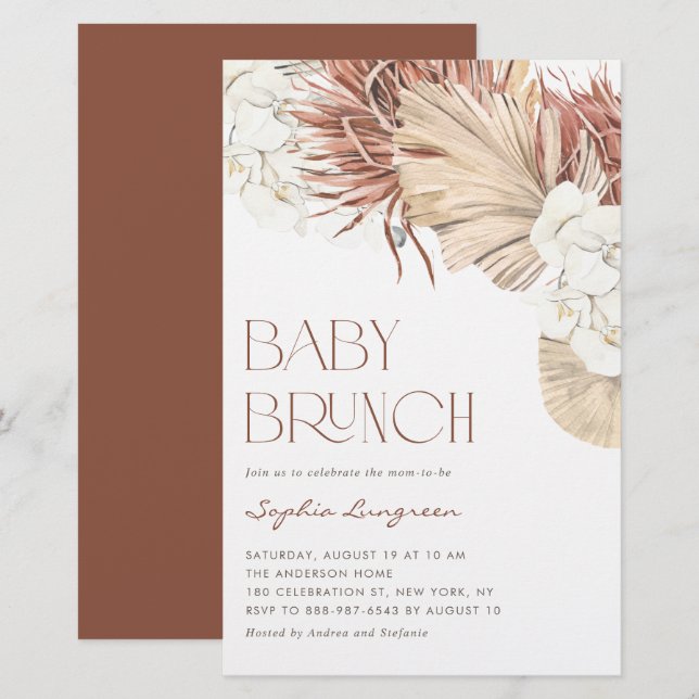Convite de Brunch de Bebê com Palmas Secas e Orquí (Frente/Verso)