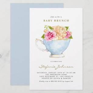 Convite de Brunch de Bebê Flores em Xícara de Aqua