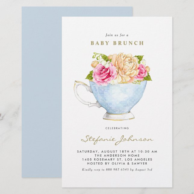 Convite de Brunch de Bebê Flores em Xícara de Aqua (Frente/Verso)