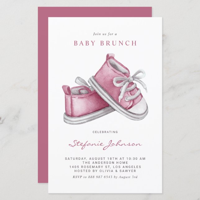 Convite de Brunch de Bebê Menina com Sapatos Rosa (Frente/Verso)