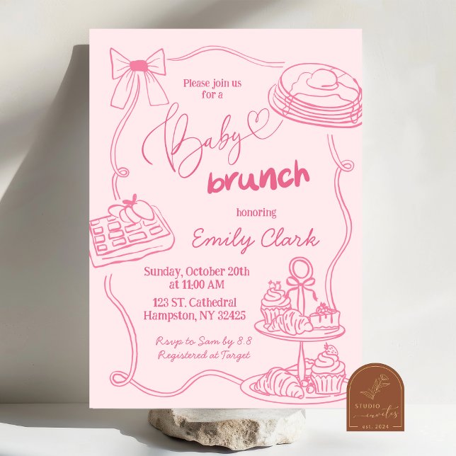 Convite de Brunch de Bebê Rosa com Desenhos à Mão (Criador carregado)