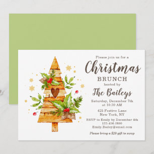 Convite de Brunch de Natal Árvore de Madeira Rústi