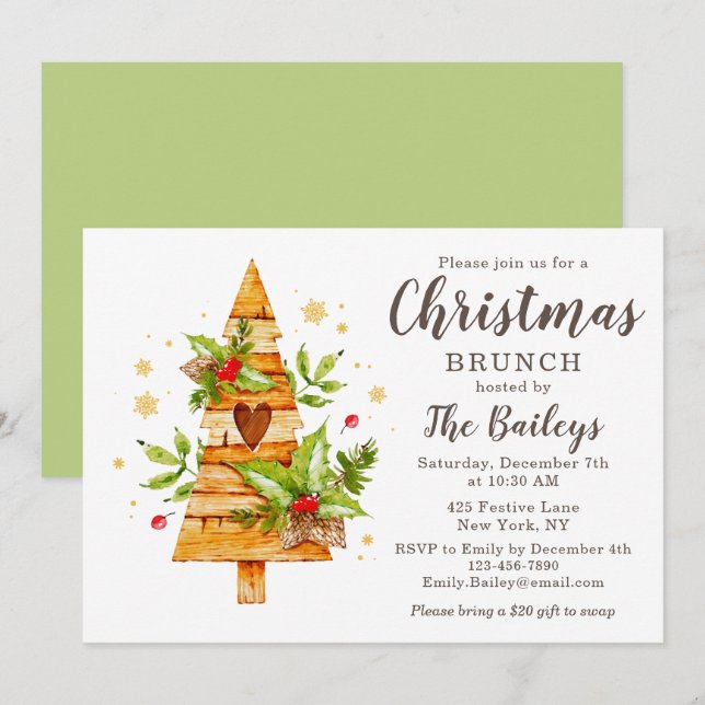 Convite de Brunch de Natal Árvore de Madeira Rústi (Frente/Verso)