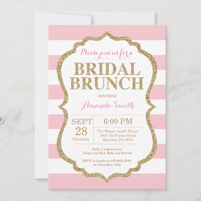 Convite de Brunch de Noiva com Brilho Rosa e Doura (Frente)
