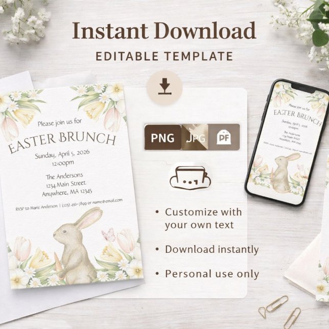 Convite de Brunch de Páscoa Editável para Download (Criador carregado)