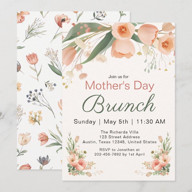 Convite de Brunch do Dia das Mães com Tulipas em A (Frente/Verso)