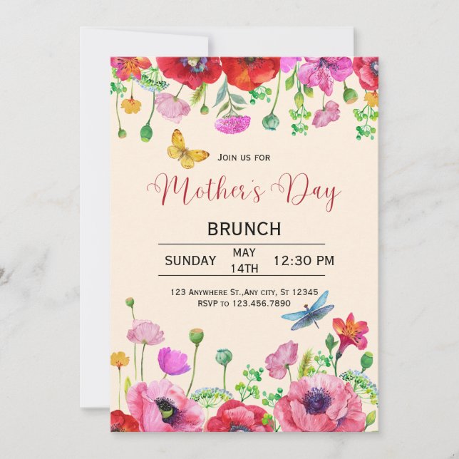 Convite de Brunch do Dia das Mães em Aquarela Flor (Frente)