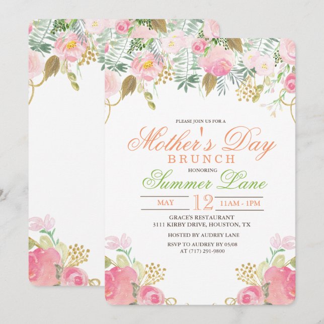 Convite de Brunch do Dia das Mães em Aquarela Flor (Frente/Verso)