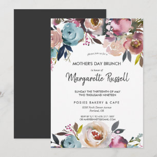 Convite de Brunch do Dia das Mães Floral Azul Mari