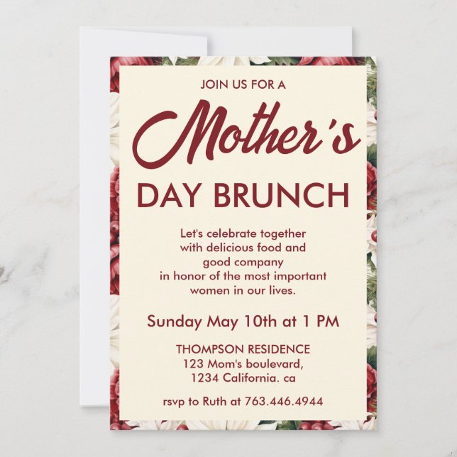Convite de Brunch do Dia das Mães Floral Marfim Bo (Frente)