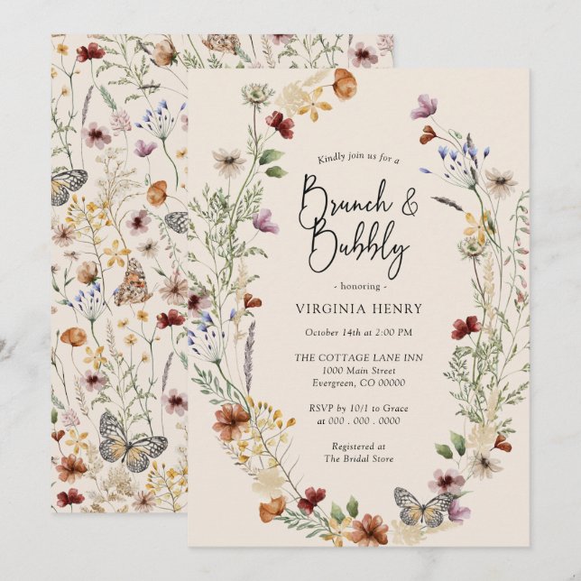 Convite de Brunch Floral e Espumante (Frente/Verso)