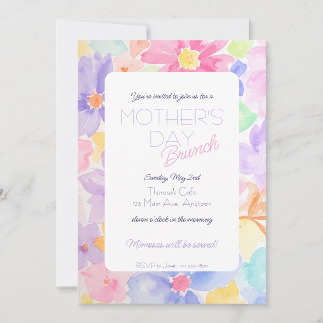 Convite de Brunch Floral em Aquarela para o Dia da (Frente)