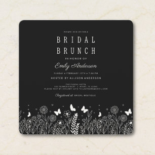 Convite de Brunch Nupcial Cottagecore Preto Floral