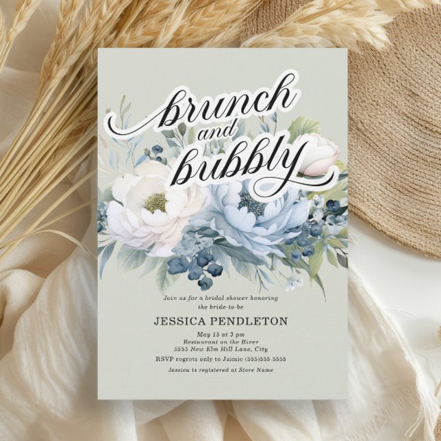 Convite de Brunch Nupcial Espumante Azul Poeirento (Dusty blue and white watercolor floral Brunch and Bubbly Bridal Shower invitation)