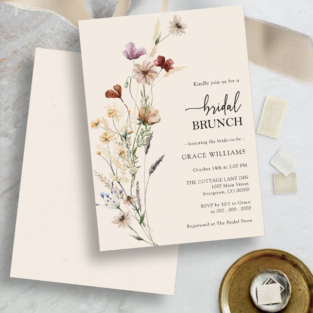 Convite de Brunch Nupcial Floral Boho Elegante (Boho Floral Wildflower Elegant Bridal Brunch Invitation by Painted Paperie)