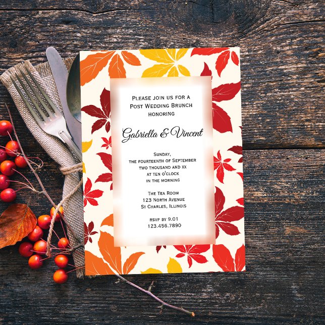 Convite de Brunch Pós-Casamento com Folhas de Outo (Set the tone for your Autumn after marriage event with the Bright Fall Leaves Post Wedding Brunch.)