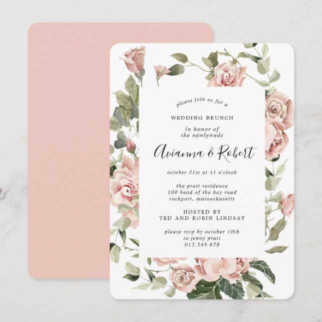 Convite de Brunch Pós-Casamento Floral Rosa Rústic (Frente/Verso)