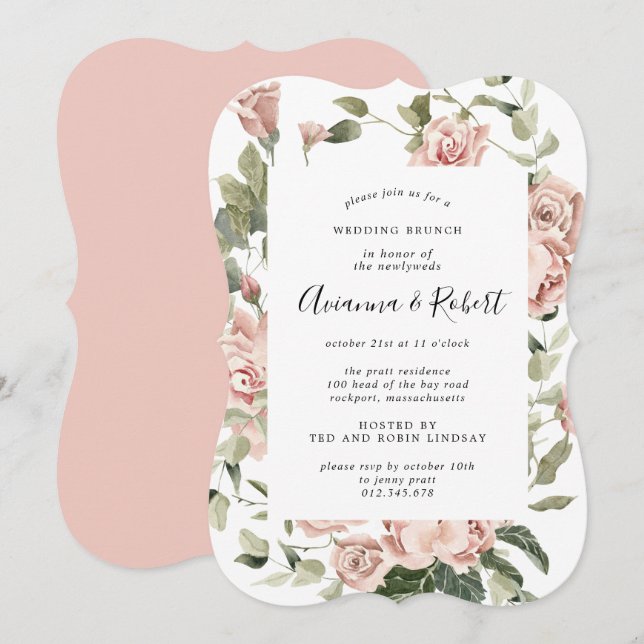 Convite de Brunch Pós-Casamento Floral Rosa Rústic (Frente/Verso)