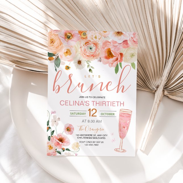 Convite de Café da Manhã de Aniversário com Champa (Watercolor Floral Pink Champagne Birthday Brunch Invitation)