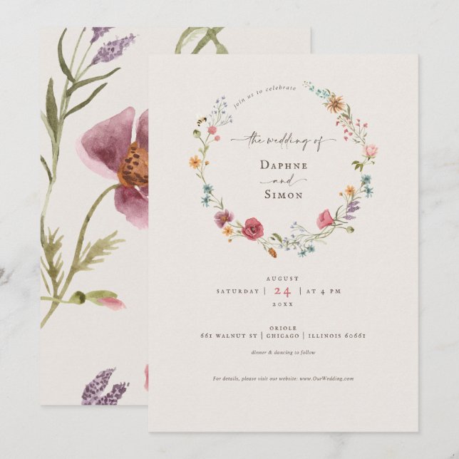 Convite de Carta de Aquarela de Flores Silvestres (Frente/Verso)