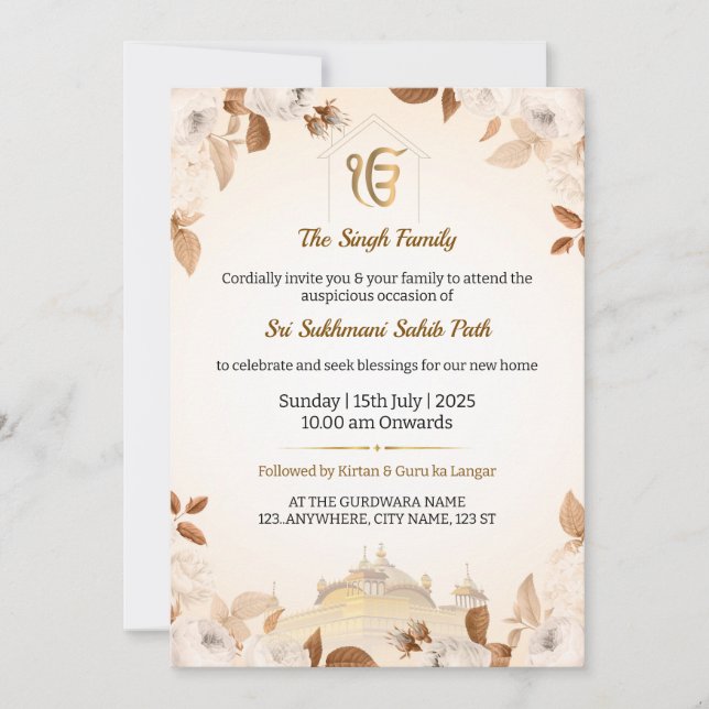 Convite de Carta de Inauguração Sikh, Sukhmani Pat (Frente)