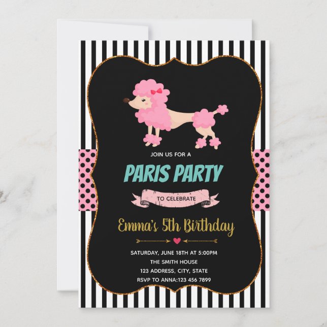 Convite de cartão de aniversário de poodle rosa (Frente)