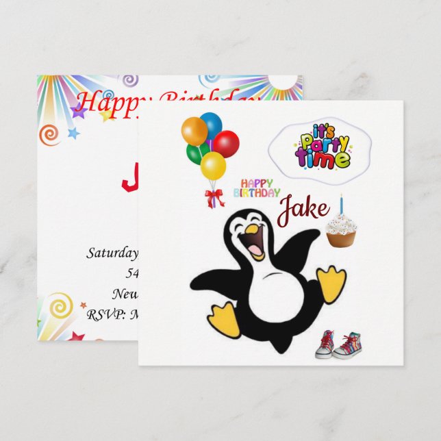 Convite de Cartão de Aniversário Pinguim (Frente/Verso)