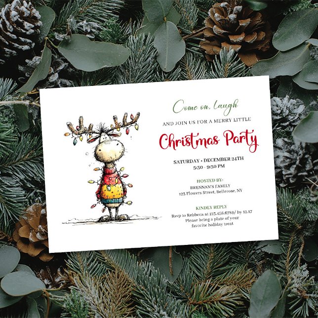 Convite de Cartão de Festa de Fim de Ano com Rena  (Quirky Reindeer Holiday Party Invitation Card)
