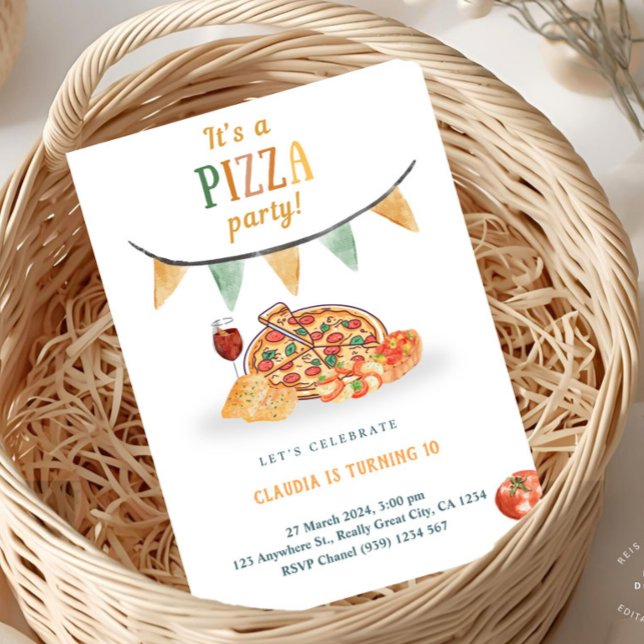 Convite de Cartão de Festa de Pizza Moderna Estéti (Watercolor Pizza Party Invitation)