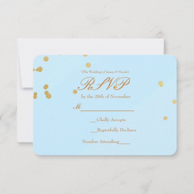 convite de cartão de resposta Blue & Gold Confetti (Frente)